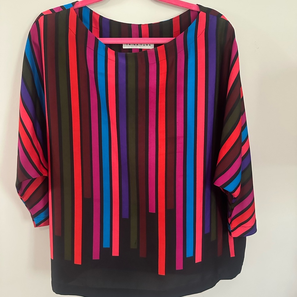 Trina Turk Colorful Striped Women's Top Blouse XL silky boutique red blue pink